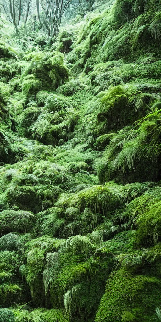 Image similar to a fertile, lush mossy canyon, ferns, minimalist structure, covered in ice, in the style of reuben wu, roger deakins