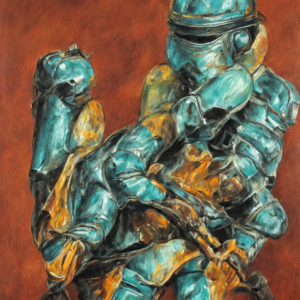 Image similar to high quality high detail painting by lucian freud, jenny savile, portrait of fire trooper, turquoise, hd