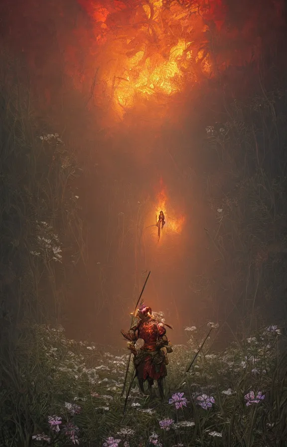 Image similar to a knight among flowers in dark forest surrounded by fire and smoke, moody, rim light, dynamic lighting, cinematic shot, gritty, ultra - detail, renderman, physically based render, jean delville, gustave dore and marco mazzoni