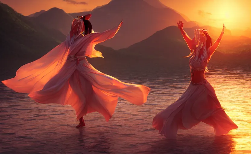 Prompt: Himalayan priestess dancing on water, beautiful flowing fabric, sunset, dramatic angle, 8k hdr pixiv dslr photo by Makoto Shinkai and Wojtek Fus