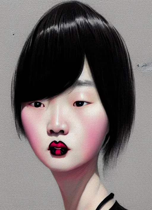 Prompt: portrait of a korean woman with a crooked nose and a confident expression, 1 9 6 0 s, black clothes, goth, punk, brightly coloured hair, funk, intricate, elegant, highly detailed, digital painting, artstation, concept art, smooth, sharp focus, illustration, art by wlop, mars ravelo and greg rutkowski