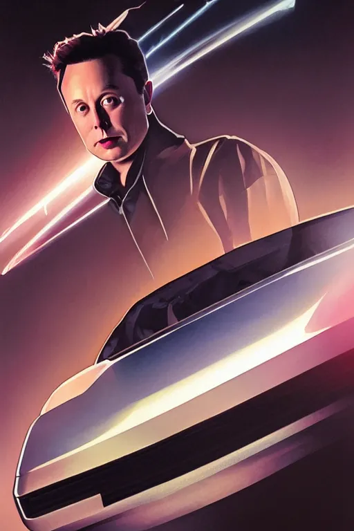 Image similar to elon musk as marty mcfly near delorean, realistic portrait, symmetrical, highly detailed, digital painting, artstation, concept art, smooth, sharp focus, illustration, cinematic lighting, art by artgerm and greg rutkowski and alphonse mucha