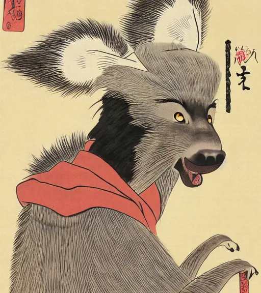 Image similar to ukiyo-e ukiyoe portrait of furry anthro anthropomorphic spotted hyena head animal person fursona wearing clothes sitting in a living room