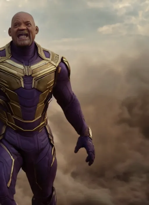 Image similar to film still of Will Smith as Thanos in Avengers Endgame, 4k