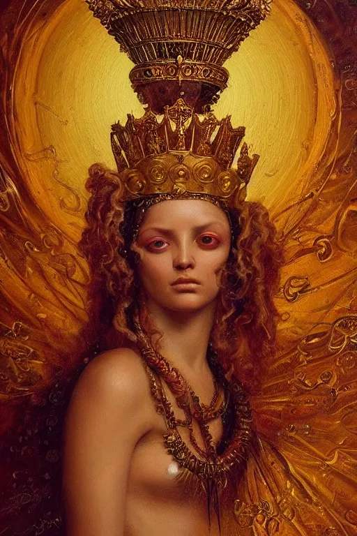 Prompt: hyper realistic painting portrait of the sun queen, occult diagram, elaborate details, detailed face, intrincate ornaments, gold decoration, occult art, oil painting, art noveau, in the style of roberto ferri, gustav moreau, david kassan, bussiere, saturno butto, boris vallejo