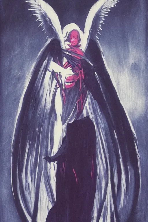 Prompt: angel of death smiling in the dark night, art by takeshi ohbata