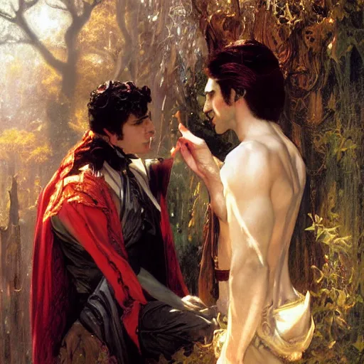 Prompt: attractive male fairy of the forest confesses his love to attractive male dracula the vampire. highly detailed painting by gaston bussiere, craig mullins, j. c. leyendecker 8 k