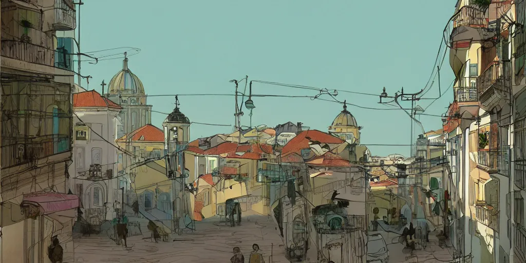 Image similar to back to the summer of the city of lisbon, concept art, pastel soft colors, in the style of danny mcbride, knyazev konstantin