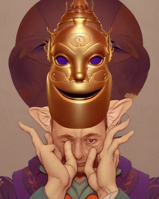 Image similar to portrait of disney happy mask salesman from zelda, intricate, elegant, highly detailed, my rendition, digital painting, artstation, concept art, smooth, sharp focus, illustration, art by artgerm and greg rutkowski and alphonse mucha and uang guangjian and gil elvgren and sachin teng and wlop, symmetry!!