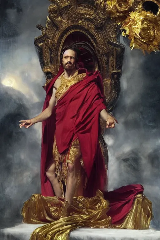 Image similar to beautiful portrait oil painting, steve buscemi wearing a golden wreath in royal crimson robes enthroned as the god emperor of ancient rome, mid - shot, by anders zorn, wonderful masterpiece by greg rutkowski, beautiful cinematic light, american romanticism, by thomas lawrence, greg rutkowski