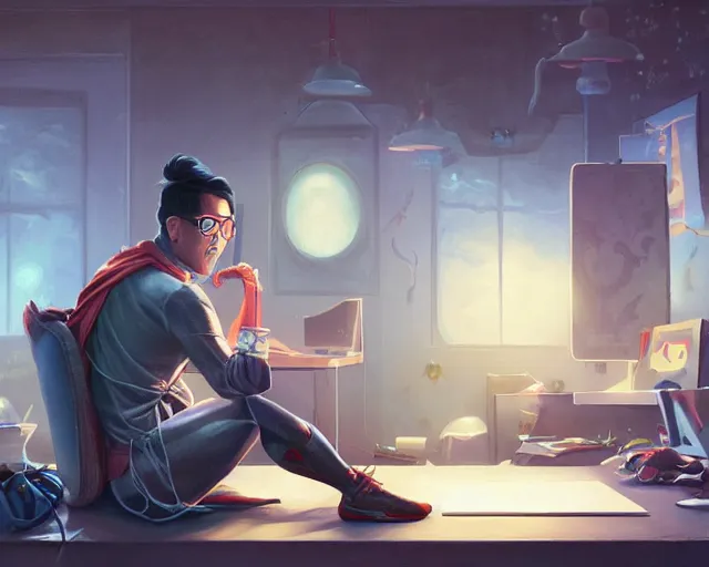 Image similar to an insanely detailed painting of a nerdy asian man wearing a superhero costume, sitting at a desk, staring at the nervously at the computer and typing, in the style of peter mohrbacher, dramatic lighting and composition, surreal background, octane render, pixar, trending on artstation, concept art, comic book, view from behind