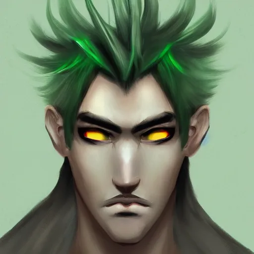 Prompt: Concept art of a man with dark green hair, with pupils that look like clocks, the master of time, trending on artstation, anime