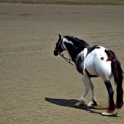 Image similar to horse, clydesdale horse, the penguin bird is riding on the horse's back