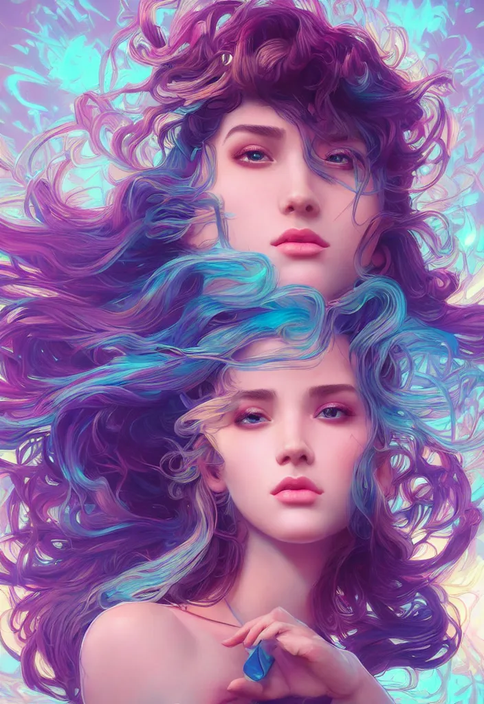 Image similar to beautiful, young woman, detailed gorgeous face, vaporwave aesthetic, synthwave, colorful, psychedelic, artstation, concept art, smooth, extremely sharp detail, finely tuned detail, ultra high definition, 8 k, unreal engine 5, ultra sharp focus, illustration, art by artgerm and greg rutkowski and alphonse mucha