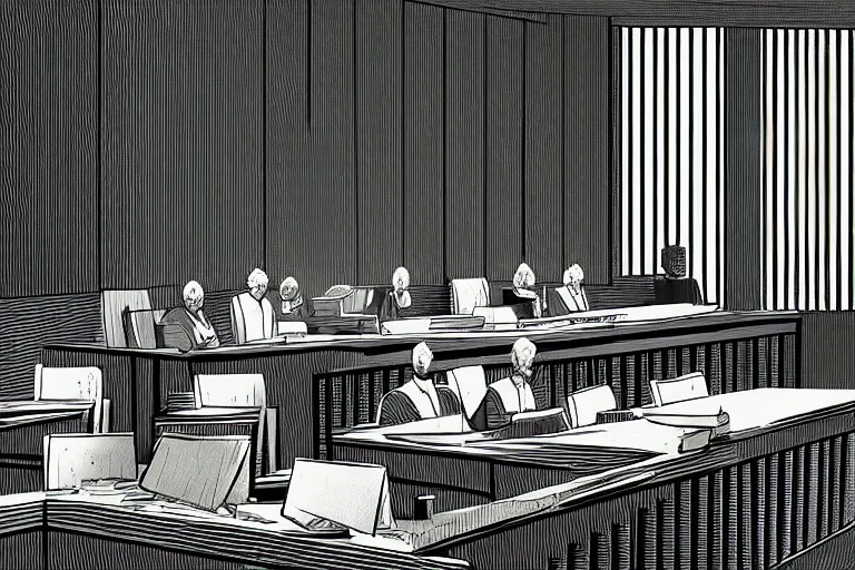 Image similar to editorial illustration by Karolis Strautniekas and Mads Berg, courtroom the bench, fine texture,detailed, matte print