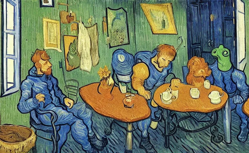Image similar to crono, marle and frog chilling in comfy house with moody rain outside, painted by van gogh