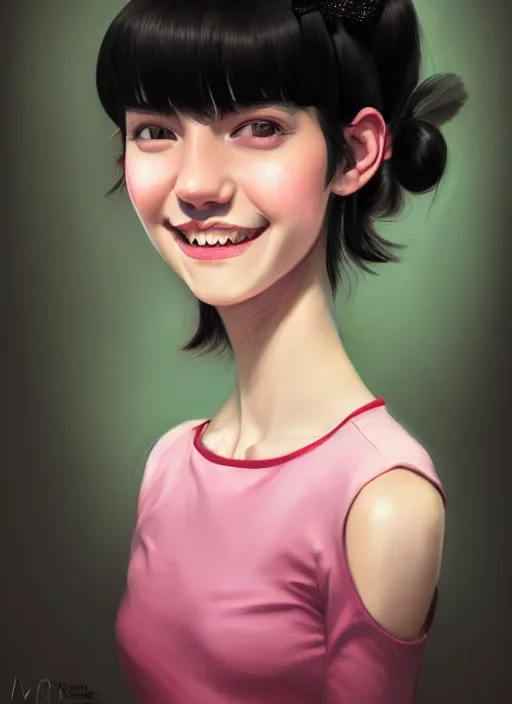 Image similar to portrait of high school girl, realistic, black hair, bangs, half updo hairstyle, pointy nose, skinny, smile, ugly, defined jawline, big chin, pink hair bow, earrings, intricate, elegant, glowing lights, highly detailed, digital painting, artstation, sharp focus, illustration, art by wlop, mars ravelo and greg rutkowski