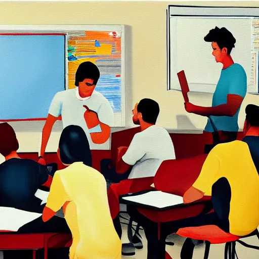 Prompt: realistic painting of adult students working together in a classroom while a professor walks around the room