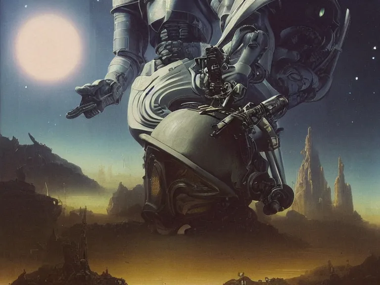 Image similar to a detailed profile painting of a bounty hunter in armour and visor, cinematic sci-fi poster. Spaceship high in the background. Flight suit, anatomy portrait symmetrical and science fiction theme with lightning, aurora lighting clouds and stars. Clean and minimal design by beksinski carl spitzweg h.r. giger and tuomas korpi. baroque elements. baroque element. intricate artwork by caravaggio. Oil painting. Trending on artstation. 8k