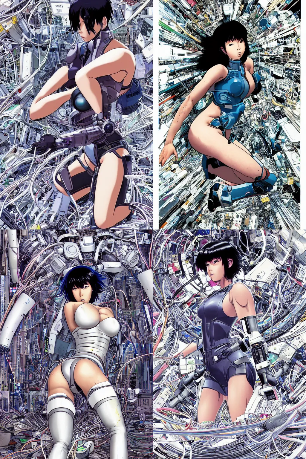 Prompt: coherent motoko kusanagi kneeling on a white in style of masamune shirow, empty floor, with a mess of wires and cables coming out of her head and backside, by Yukito Kishiro and katsuhiro otomo, illustration, cyberpunk, hyper-detailed, colorful, complex, intricate, masterpiece, epic