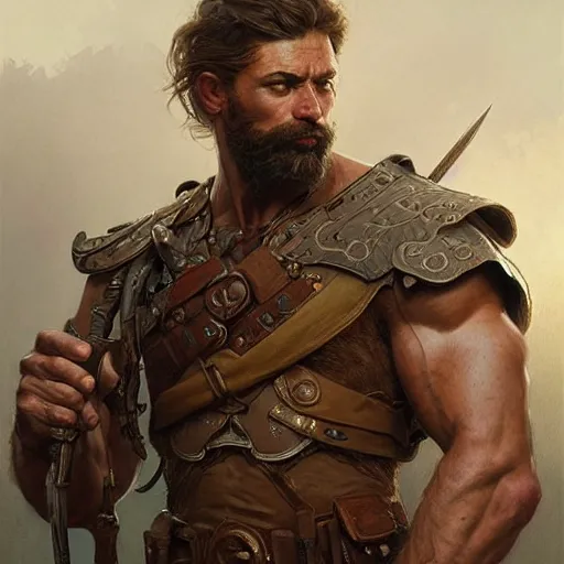 Image similar to portrait of a rugged ranger, muscular, upper body,, d & d, fantasy, intricate, elegant, highly detailed, digital painting, artstation, concept art, smooth, sharp focus, illustration, art by artgerm and greg rutkowski and alphonse mucha