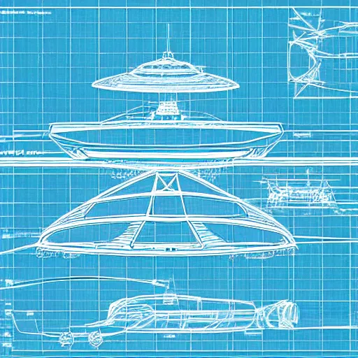 Image similar to a detailed blueprint of an advanced UFO spacecraft, blue lines, high contrast