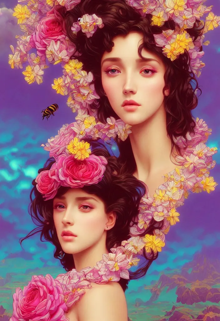 Image similar to young beautiful woman, gorgeous face, vaporwave aesthetic, synthwave, colorful, psychedelic, artstation, flowers, bees, ribbons, concept art, full - body, gown, smooth, extremely sharp detail, finely tuned detail, 8 k, unreal engine 5, ultra sharp focus, illustration, art by artgerm and greg rutkowski and alphonse mucha