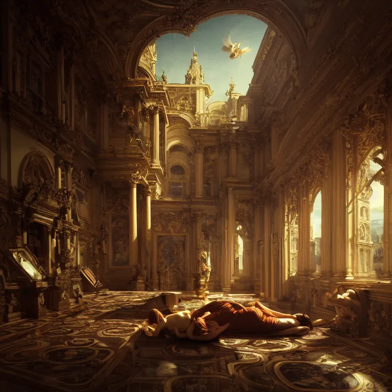 Image similar to motherboard, chip circuit, computer, dream - like atmosphere, baroque landscape painting, perfect composition, beautiful detailed intricate insanely detailed octane render trending on artstation, 8 k artistic photography, photorealistic, soft natural volumetric cinematic perfect light, chiaroscuro, award - winning photograph, masterpiece, raphael, caravaggio, greg rutkowski, beeple