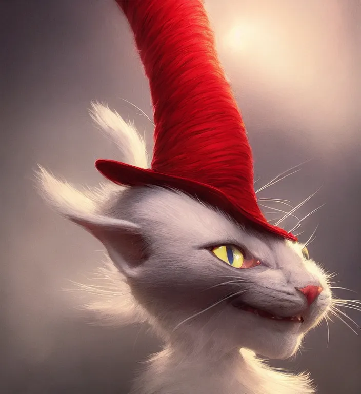 Image similar to complex 3 d render, hyper detailed, ultra sharp, of the cat in the hat, scary, cinematic, natural soft light, rim light, art by greg rutkowski and artgerm and moebius, dr seuss