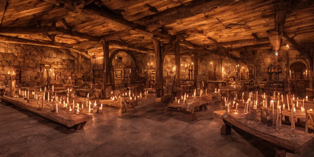 Image similar to Hyper realistic photo of a medieval armory, lit candles, 4k