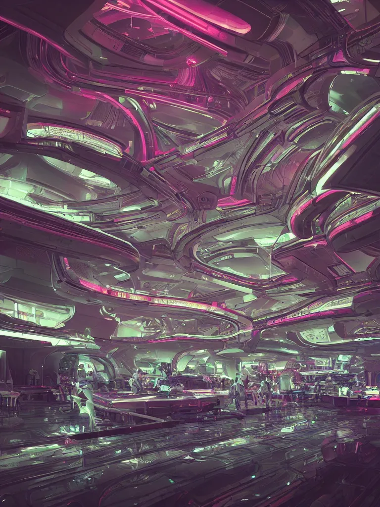 Image similar to futuristic interior of a busy spaceport on an alien world, neon lighting and spotlights, intricate artwork by moebius. trending on artstation, very coherent symmetrical artwork. cinematic, hyper realism, high detail, octanerender