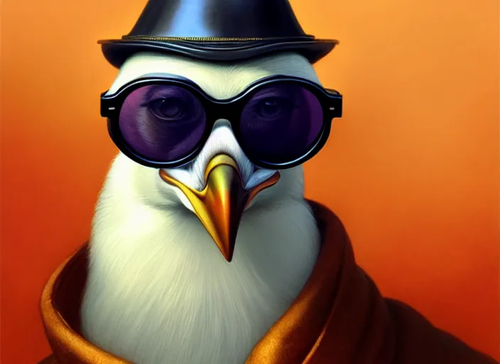 Prompt: a cool anthropomorphic chicken wearing sunglasses wearing a lab coat, diffuse lighting, fantasy, intricate, elegant, highly detailed, lifelike, pastel, digital painting, artstation, illustration, concept art, smooth, sharp focus, art by frank frazetta and marco bucci and loish and rossdraws and artgerm and alphonse mucha