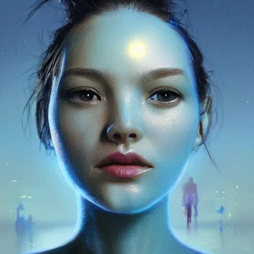 Prompt: 3 d, sci - fi, close - up, morning, smiling fashion model face, sun, cinematic, clouds, sun rays, vogue cover style, poster art, blue mood, realistic painting, intricate oil painting, high detail illustration, figurative art, multiple exposure, poster art, 3 d, by tooth wu and wlop and beeple and greg rutkowski