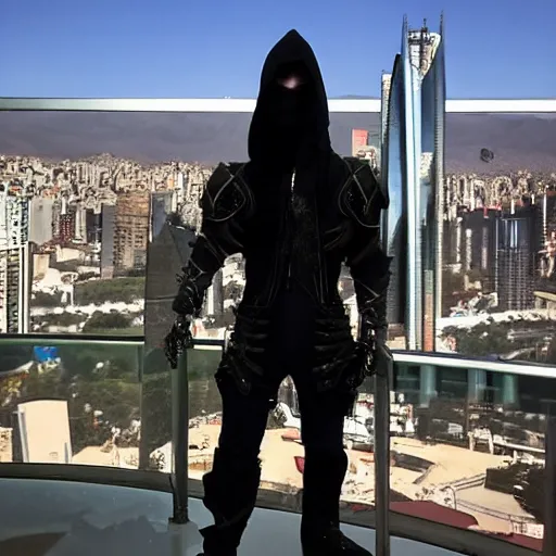 Image similar to dark wizard character from mu online webzen, staying at costanera center in santiago de chile, cyberpunk style