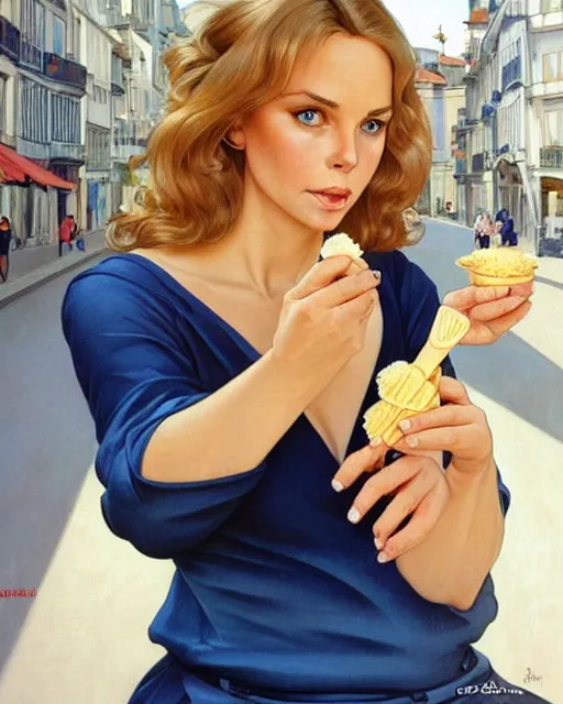 Image similar to portrait of a blonde fuller figured barbara bach from the bond film wearing a dark blue jumpsuit and eating ice creams in porto, real life skin, intricate, elegant, highly detailed, artstation, concept art, smooth, sharp focus, art by artgerm and greg rutkowski and alphonse mucha