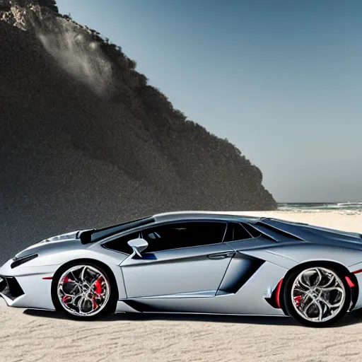 Prompt: A beautiful silver Lamborghini aventador on the beach, 8k, ray tracing reflection