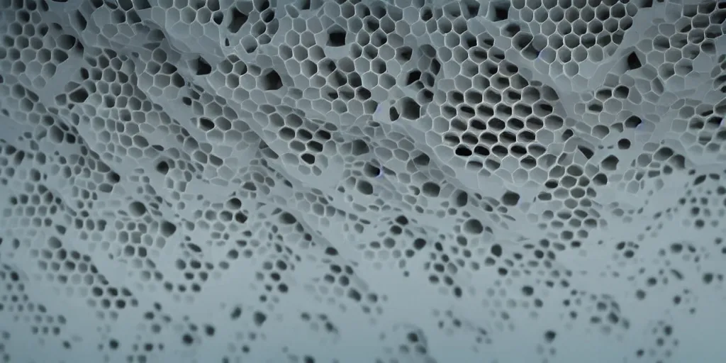 Image similar to a strange huge honeycomb asymmetric melting vases in the white room, film still from the movie directed by denis villeneuve with art direction by zdzisław beksinski, close up, telephoto lens, shallow depth of field