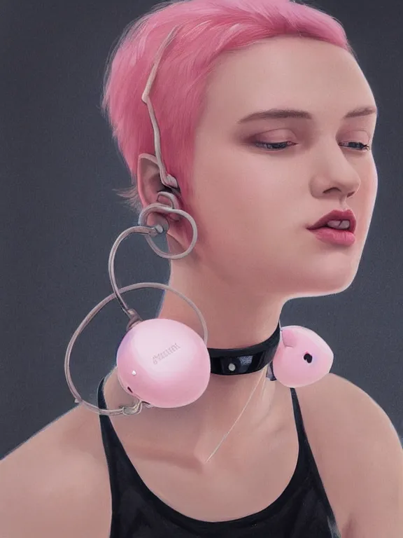 Prompt: beautiful russian girl with short pink hair and nose piercing, wearing airpods, a black choker, thin round earrings, winds of winter, au naturel, hyper detailed, digital art, trending in artstation, cinematic lighting, studio quality, smooth render, octane rendered, concept art, sharp focus, illustration, art by artgerm and greg rutkowski and wlop