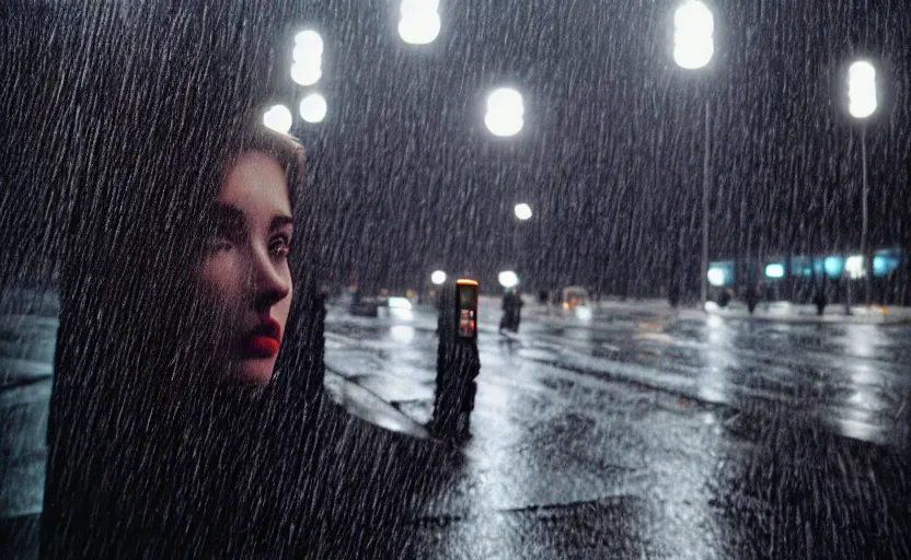 Image similar to cinestill selfie with iphone and mechanical monstrosity, hyperdetailed, by vivian maier,, pouring rain menacing lights shadows, 8 k, hd, high resolution, 3 5 mm, f / 3 2, ultra realistic faces, ex machina