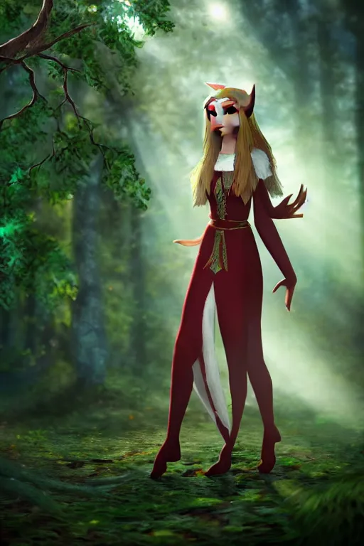 Prompt: a beautiful elf princes walking in an enchanted forest, realistic face, light rays sieving through the trees, an owl sitting on the tree branch, evening, warm light, hyperrealistic, 4K, trending on artstation