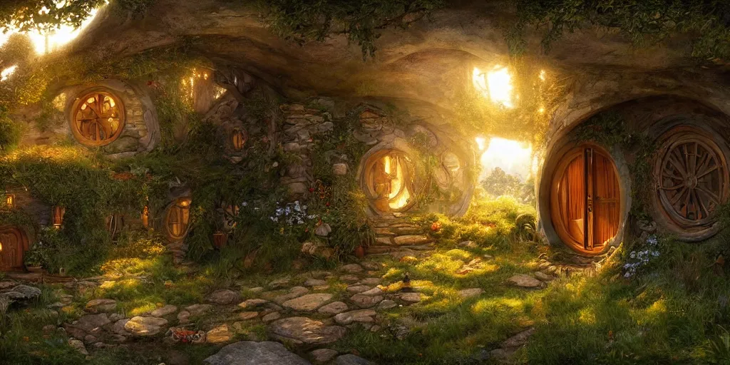 Image similar to Interior of a Hobbit home, golden hour, detailed matte painting, cinematic, Alan Lee, Artstation