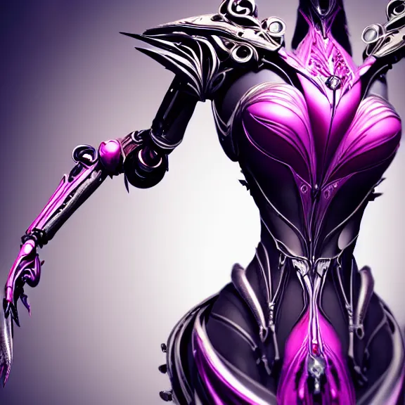 Image similar to highly detailed exquisite fanart, of a beautiful female warframe, but as an anthropomorphic robot dragon, shiny silver armor engraved, Fuchsia skin beneath the armor, elegant pose, close-up shot, full body shot, epic cinematic shot, long elegant tail behind, sharp claws, robot dragon hands and feet, professional digital art, high end digital art, singular, realistic, DeviantArt, artstation, Furaffinity, 8k HD render