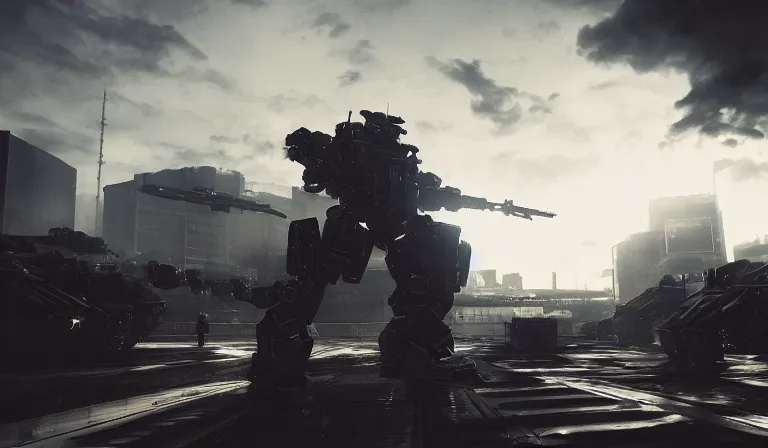 Prompt: armored core 4 by liam wong, long - shot, full body, sky, cloud, dramatic lighting, cinematic establishing shot, extremely high detail, photorealistic, cinematic lighting, unrealengine 4,