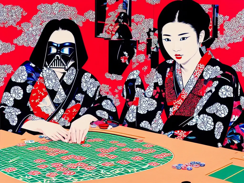 Image similar to hyperrealism composition of the detailed woman in a japanese kimono sitting at an extremely detailed poker table with darth vader, fireworks and folding screen on the background, pop - art style, jacky tsai style, andy warhol style, acrylic on canvas