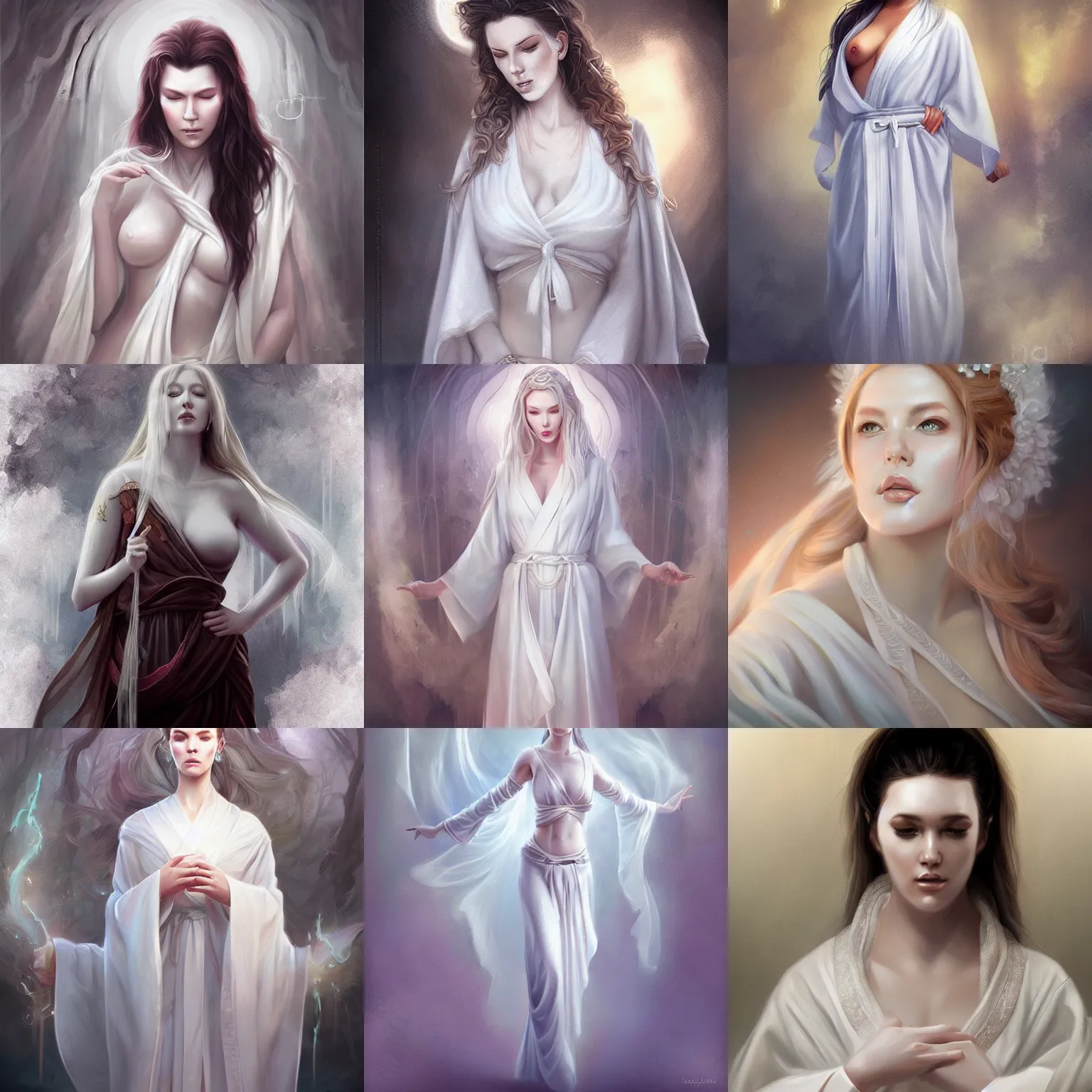 Prompt: Angela White, white daoist robes, beautiful, ethereal, digital painting, highly detailed, full body, by Charlie bowater