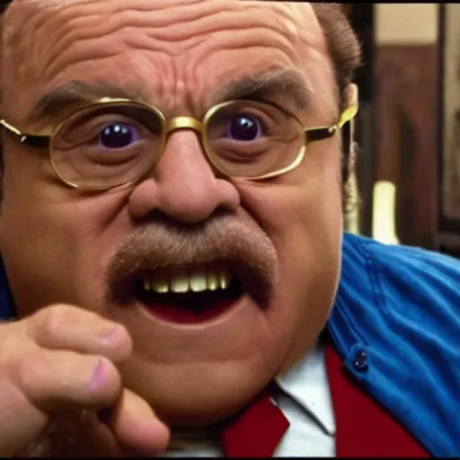 Prompt: danny devito playing wario in a live action film, still frames