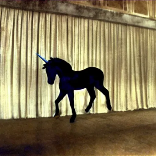 Image similar to a black unicorn in a Soviet building, film still by David Lynch