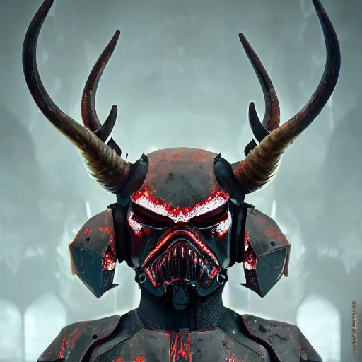 Image similar to close up front view of a demonic horned stormtrooper with compound eyes, intricate artwork by tooth wu and wlop and beeple. glossy octane render, trending on artstation, greg rutkowski very coherent symmetrical artwork. cinematic, hyper realism, high detail, octane render