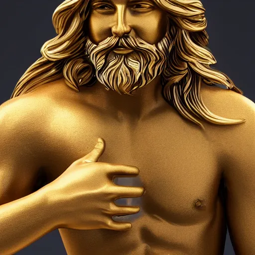 Image similar to a flawless, purely golden sculpture of a man with long hair, with trimmed beard, smiling widely, casting golden light. entirely golden statue, extremely detailed, full-body statue, award-winning art, trending on Artstation