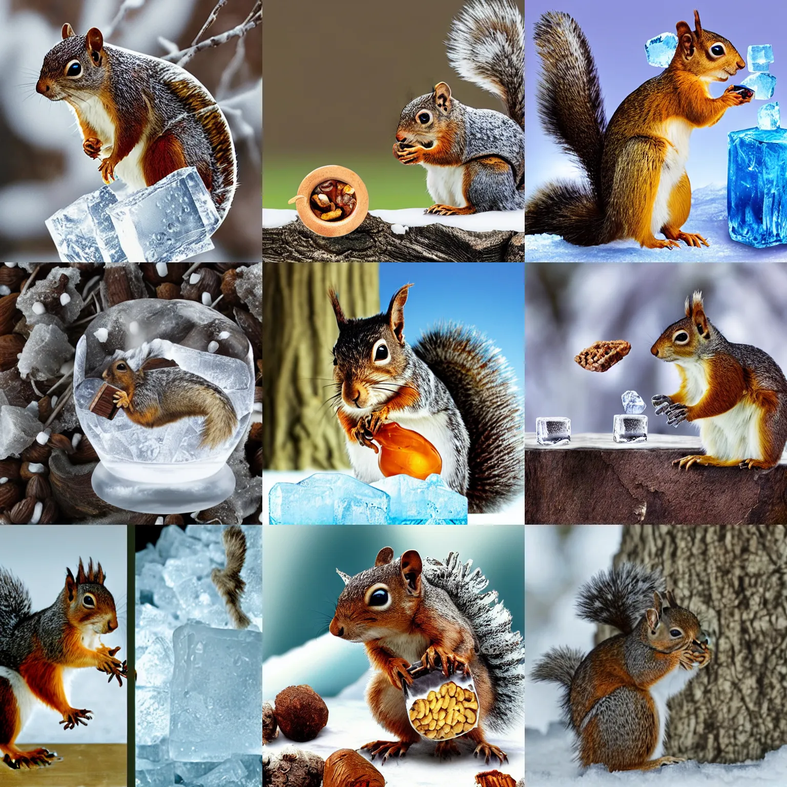 Prompt: a frozen squirrel removing a oak nut from a large ice cube photograph ice age